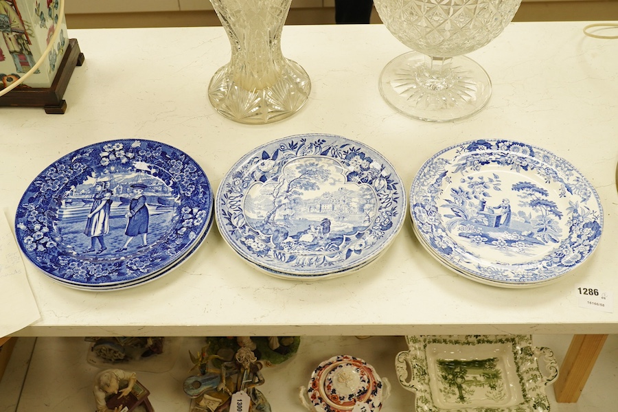 Six early 19th century blue and white transfer printed plates, including Spode, and three Wedgewood months blue and white plates, c.1900 largest 26cm in diameter. Condition - fair